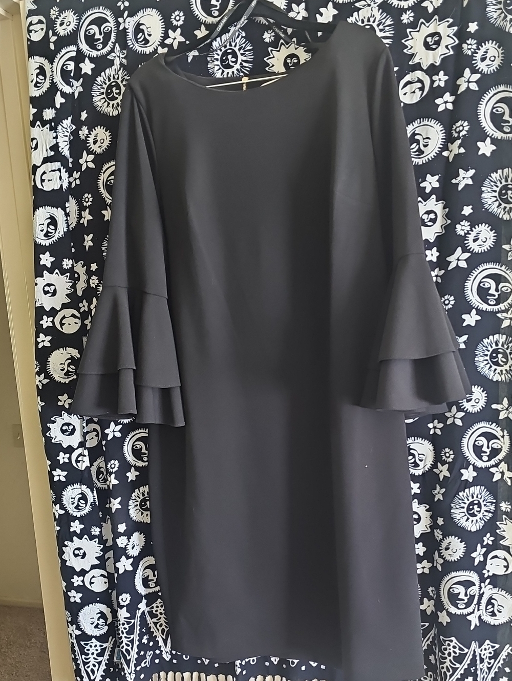 Calvin Klein Black Long-Sleeve Shift Dress with Tiered Ruffle Sleeves